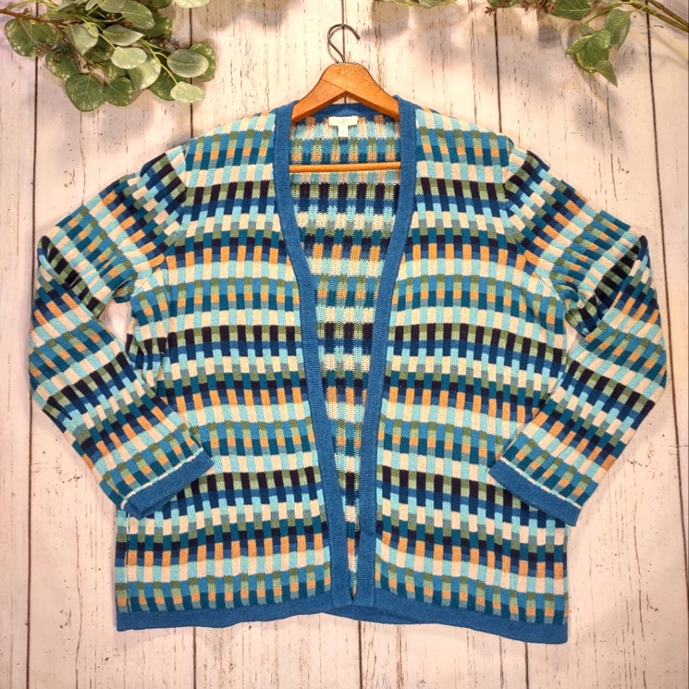 Talbots Cotton Geometric Stripe Block Open Front … - image 1